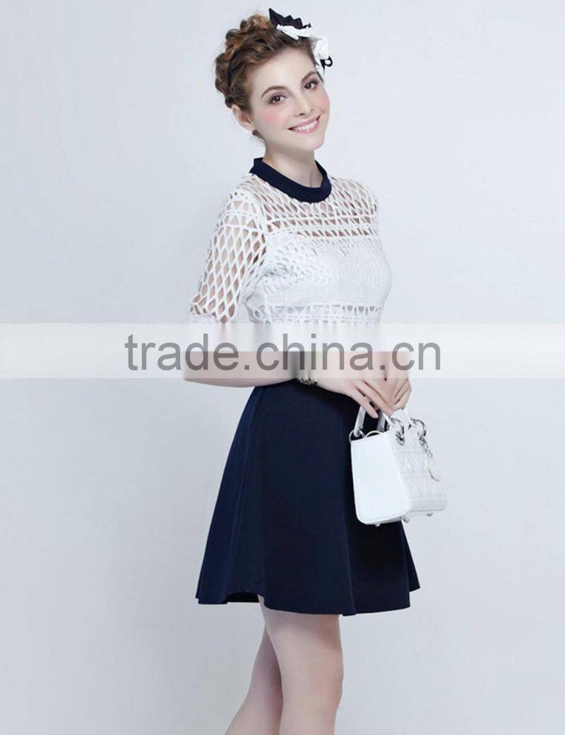 Office ladies white checked navy A line dress