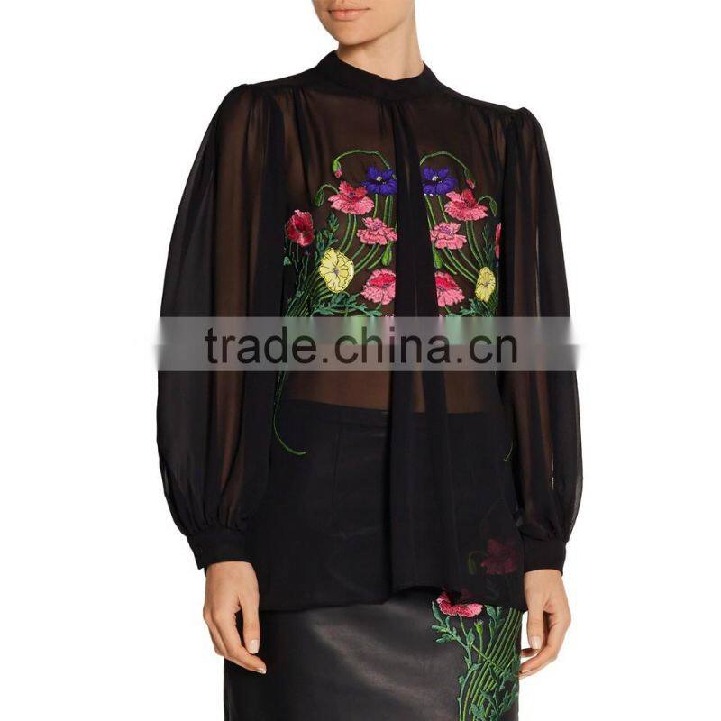 new model embroidery patch back neck elegant design long sleeve new women blouses design chiffon blouse