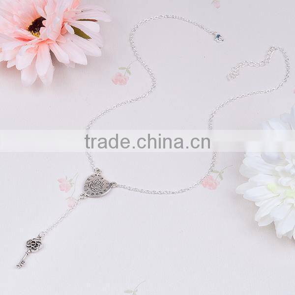New Fashion Y Shaped Lariat Necklace Silver Plated Heart Message " Love You " Carved Connector Flower Key Pendant 46.0cm long