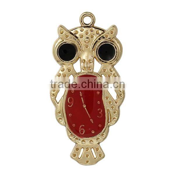 Zinc Based Alloy Halloween Owl Gold Plated Black & Red Enamel Clock Carved Pendants