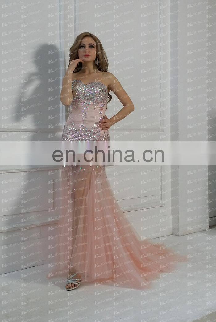 Real Sample Sweetheart Neckline Tulle Pink Sexy Beading Mermaid Prom Dress