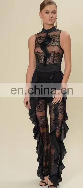 Fashion New Designs Sleeveless Ruffle Front Lace Black Rompers Jumpsuits for Women 2017