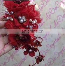 Aidocrystal Red wedding hairpiece hair flower with pearl hair comb