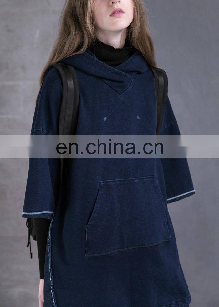 2017 Winter Women Loose Casual Drop Shoulder Indigo Blue Pullover Hoodie With Front Pocket