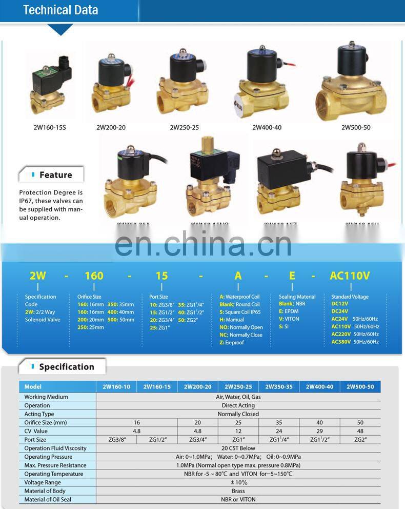 Brass material 1/2 inch ip68 water fountain waterproof solenoid valve WP-15