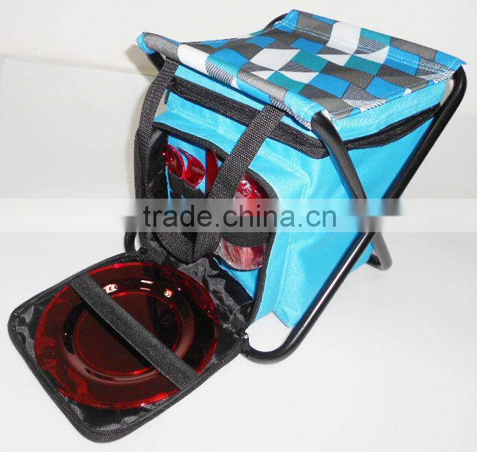 Bule Checkered Picnic Folder beach chairs with coolers and the tableware
