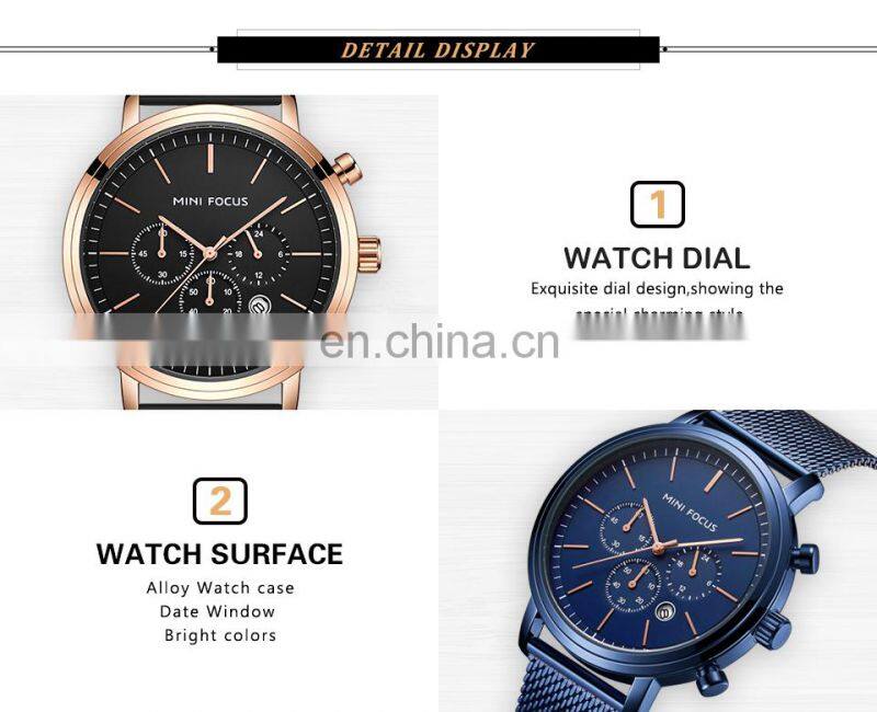 MINI FOCUS 0297G Fashion Men's Wrist Watches Luxury Design Quartz Watch Men 30m Waterproof Blue Stainless Steel Watch