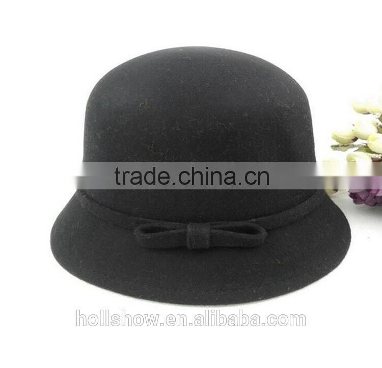 British Style Bowknot Ribbon Dome Wool Felt Elegant Charm Women Church Hat