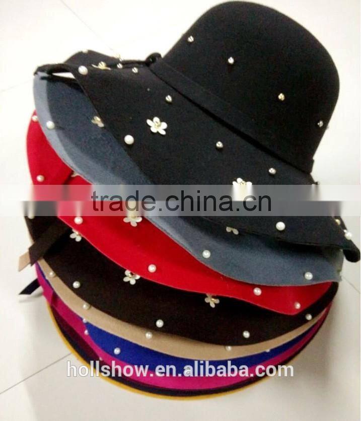 Fashion Women Flower Pearl Beaded Large Brim Trilby Fedora Hats with Ribbon