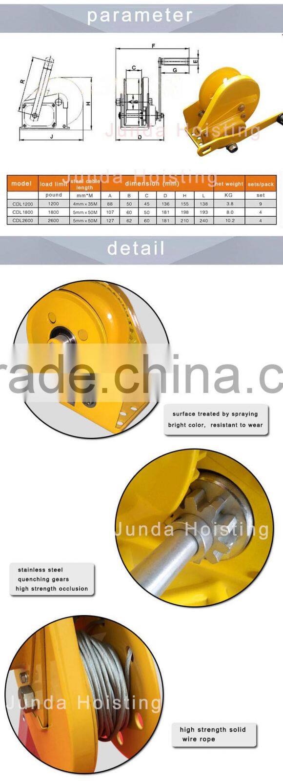 Portable hand winch with brake , pulling capacity 1200lbs , 1800lbs , 2600lbs