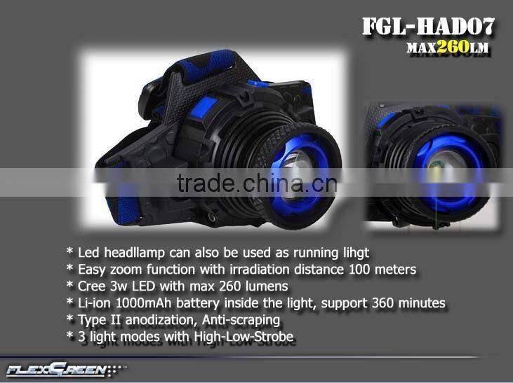 zoom function rechargeable 3w xpe led running headlight