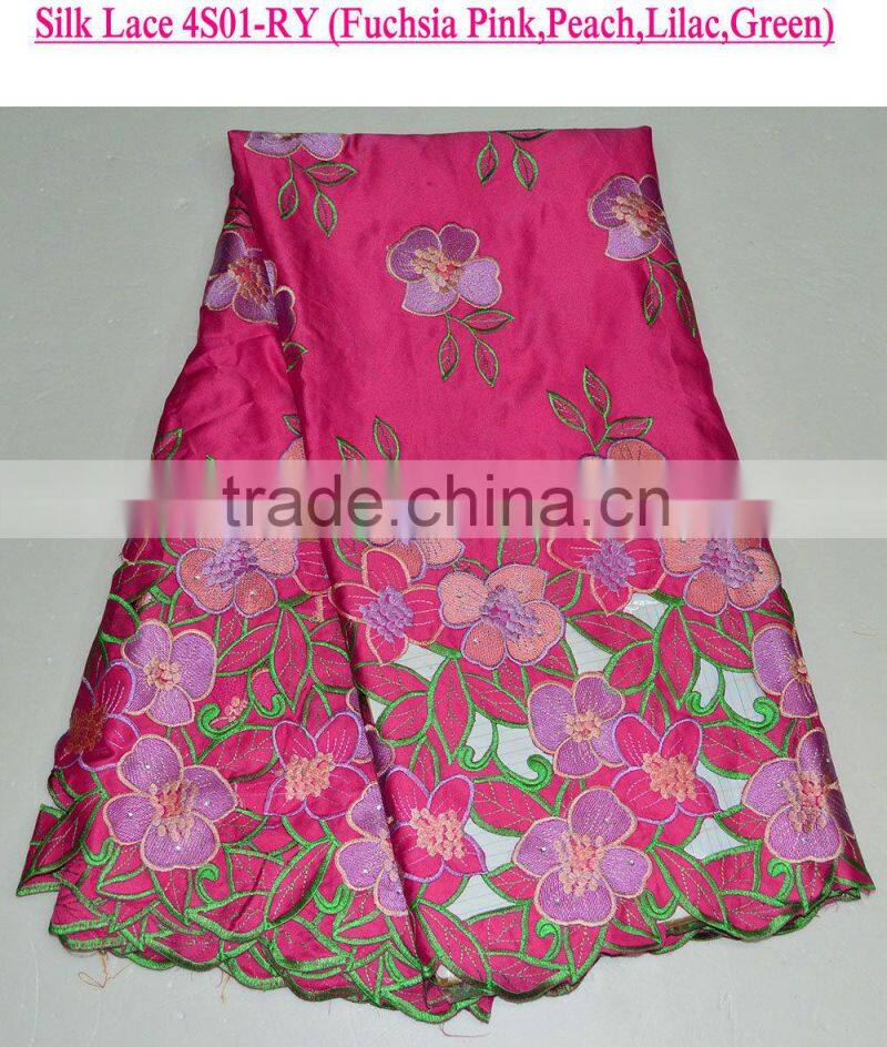 Latest design 100% polyester multicolour silk lace fabrics for party dress with a lot of stones