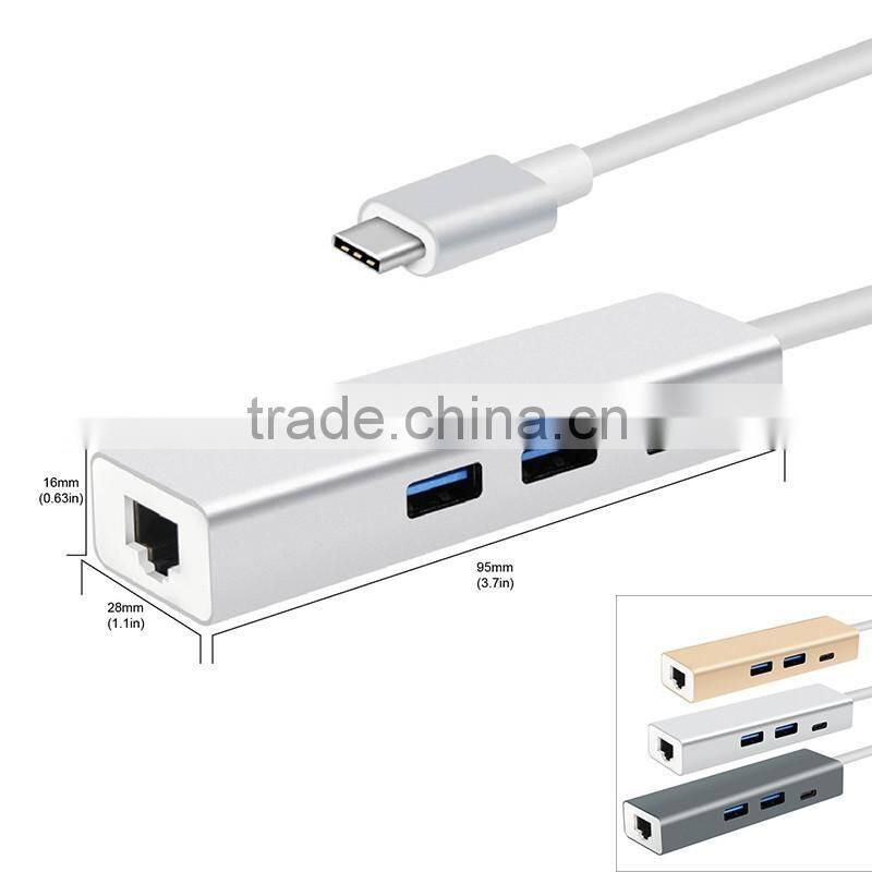 Aluminum Alloy 3 Port USB Hub 3.0 Hub with Ethernet Converter Adapter