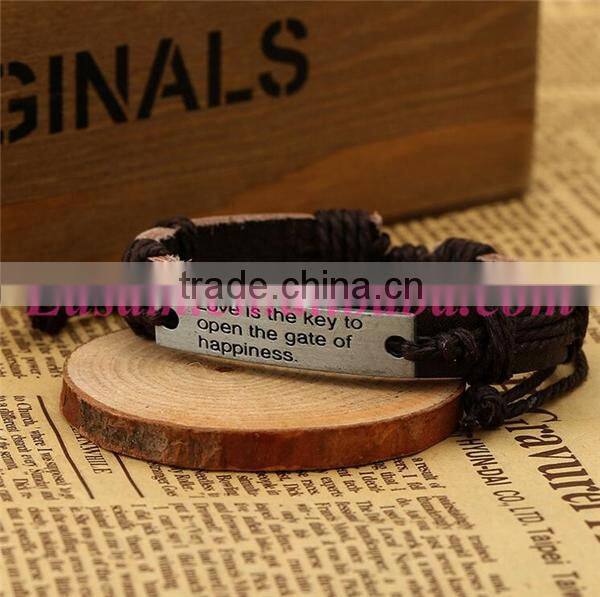 Vintage letters engraved with metal plate pu leather bracelet