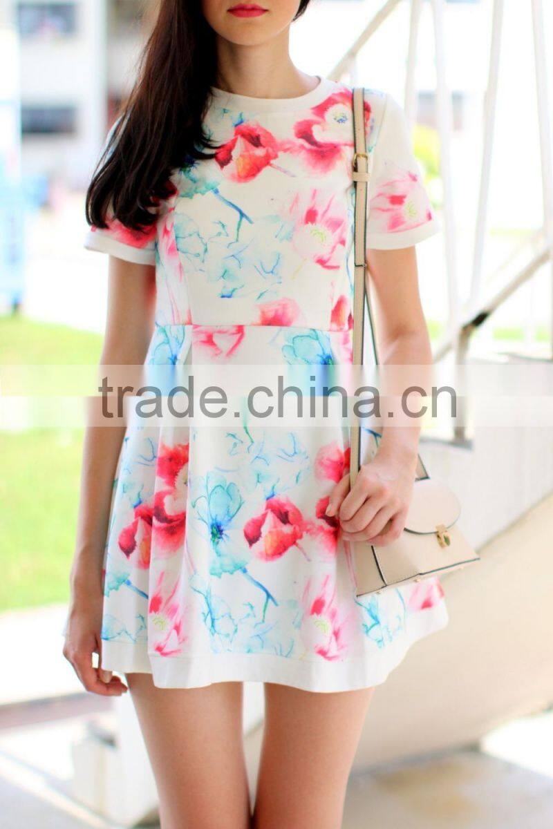 New design short sleeve dress in mix floral korean dresses new fashion lady dress