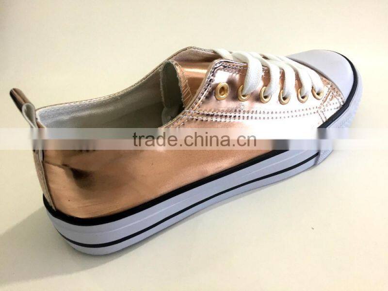 pink metallic lace up vulcanized shoe women sneakers cheap casual canvas shoe woman