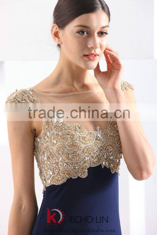 Sexy Elegant High Tall Beaded Cap Sleeve Navy Blue Long Evening Dress Alibaba China