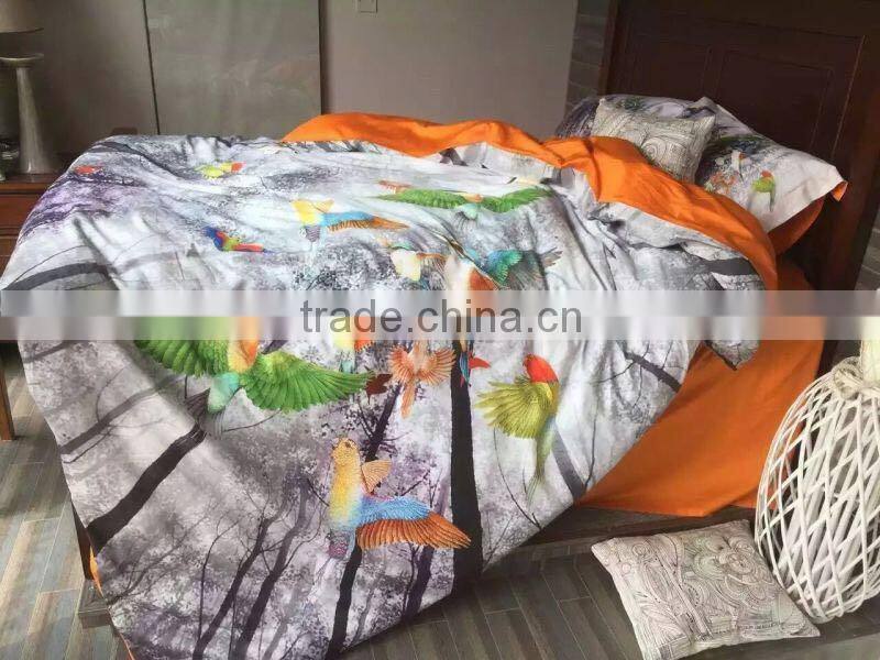 2016 new digital printed design colored birds and trees luxury satin Bedding set