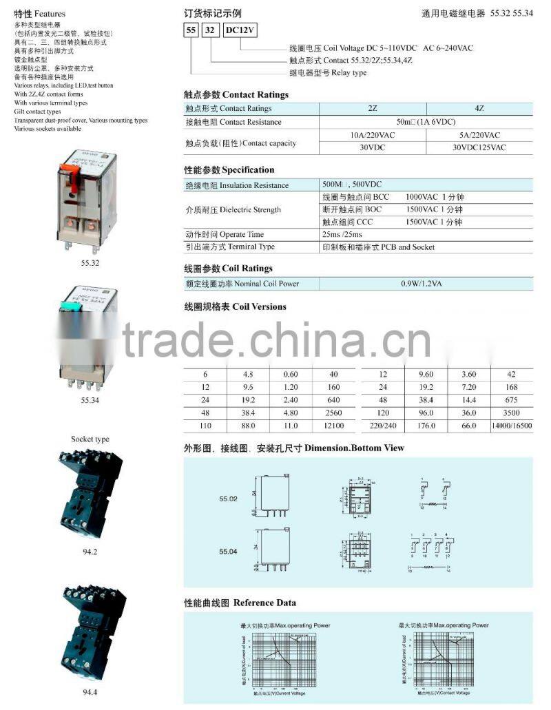 55.32 55.34 12A/6A 24VDCAC380V general-purpose relay auto relay