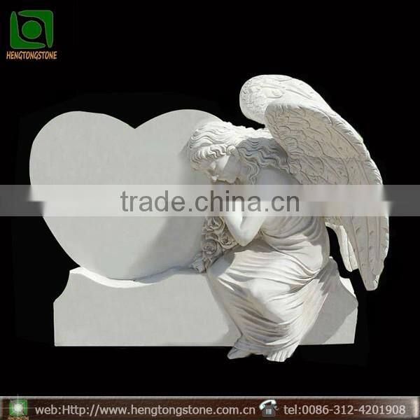 Hand Carved White Marble Angel with Heart Tombstone