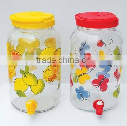 3L logo printed glass preserving dispenser jar with plastic lid tap
