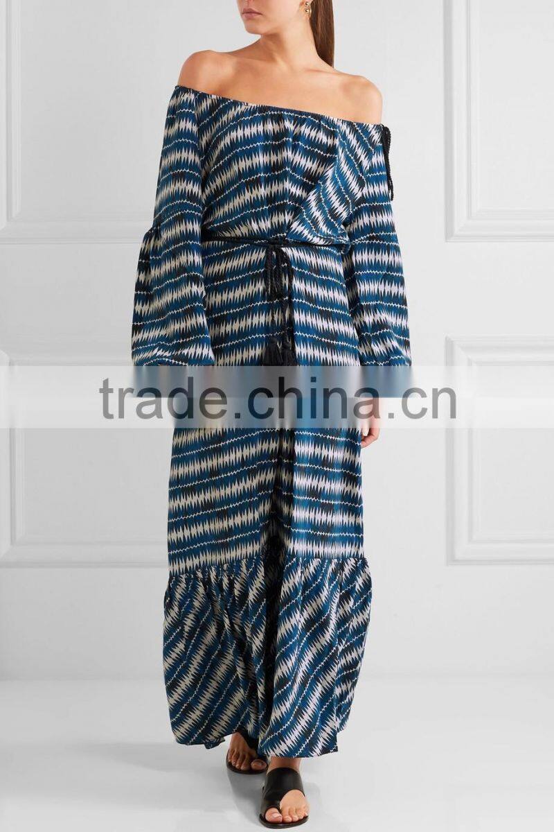 Elegant Blue Off-The-Shoulder Printed Silk Fabric Maxi Dress Frock Designs Names Of Ladies Drsses 2016 HSD5681