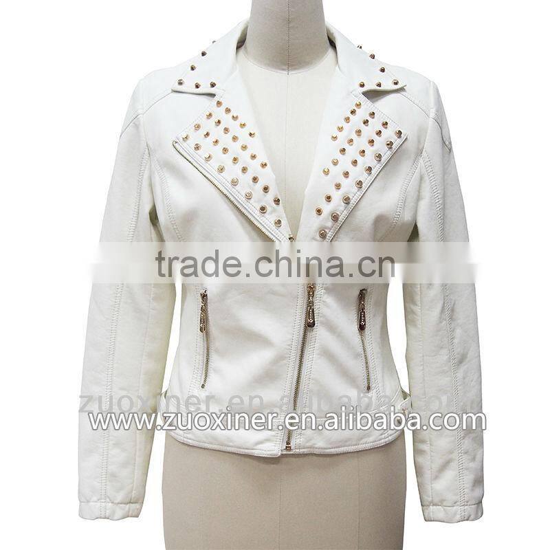 Studs womens leather jackets,round collar faux leather jacket for women