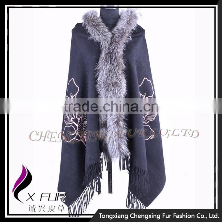 CX-B-P-51 High Quality Factory Price Fox Fur Trimmed Pashmina Special Cashmere Scarf