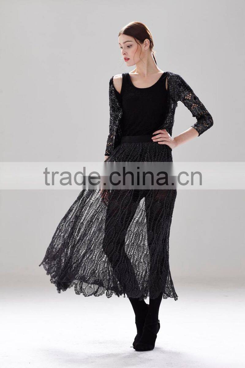 Ladies fashion long skirt mesh pattern cotton perspective skirt SR-P9963