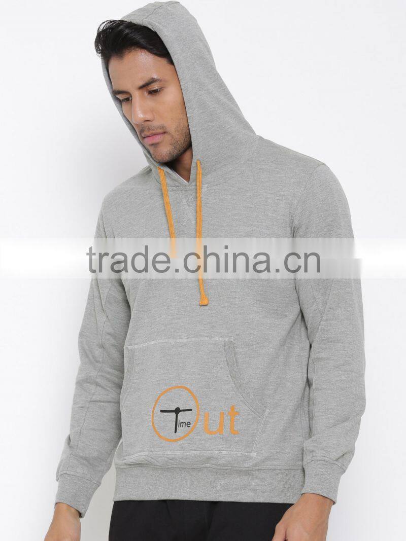 Grey Melange Hooded Sweatshirt For Man Customizable Attached Hood With Drawstring Fastening Hoody Printed Kangaroo Front Patch