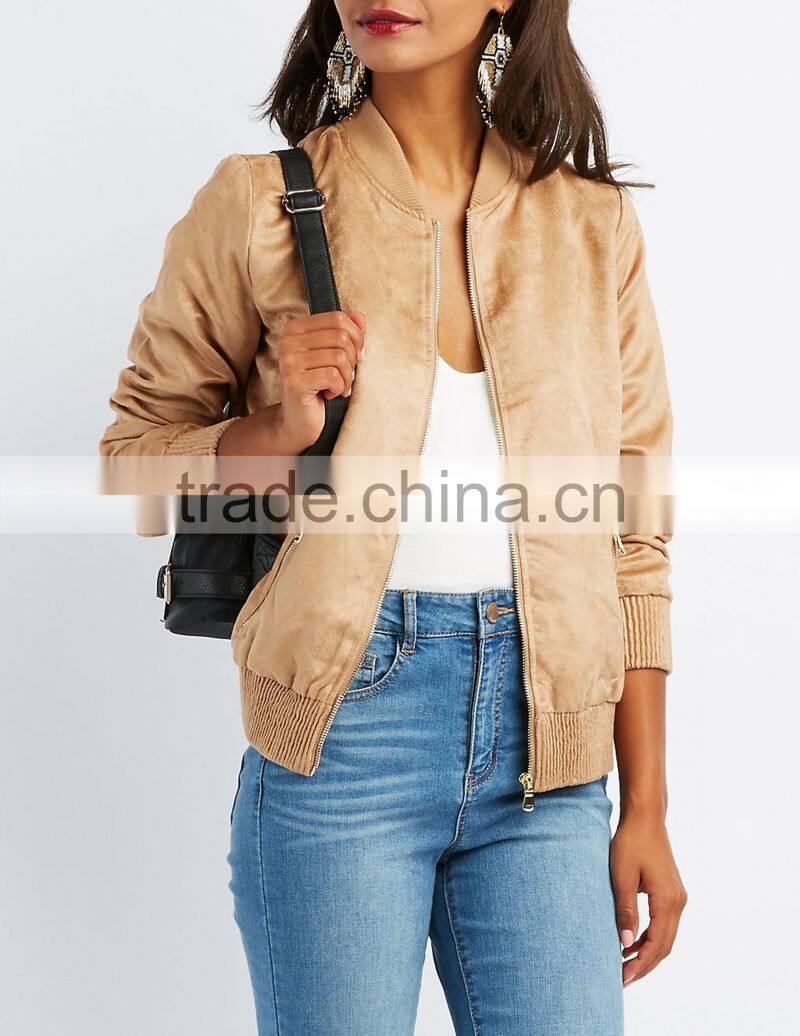 MGOO Custom Made Soft Faux Suede Bomber Jacket New Design Zippered Pockets Women's Leather Jackets