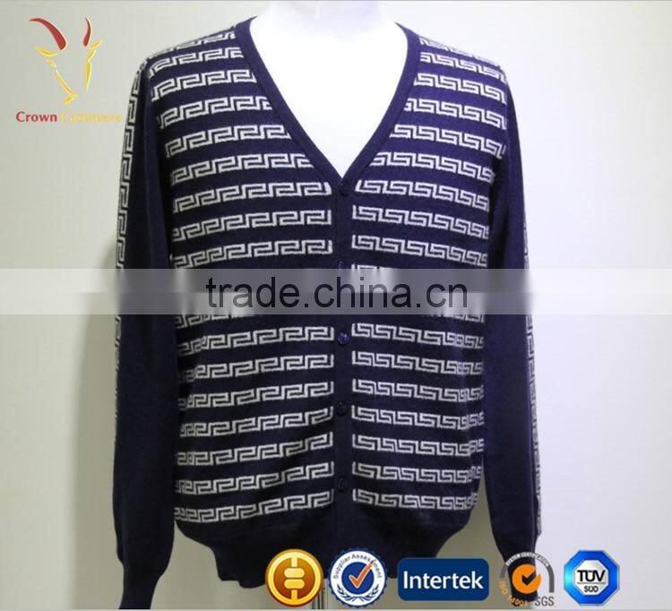 Mens Navy Blue V Neck Thick Intarsia Cardigan Sweaters