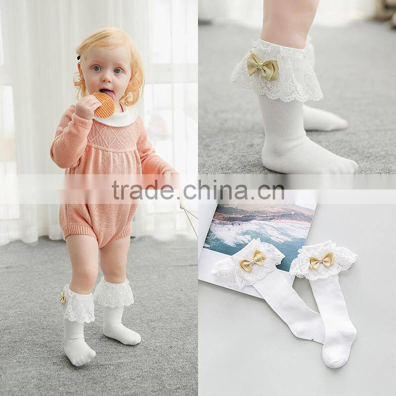 Girls Kids Lace socks long For Children Cute Cotton Knee high school sock with bow Girl Spring Autumn solid princess white black