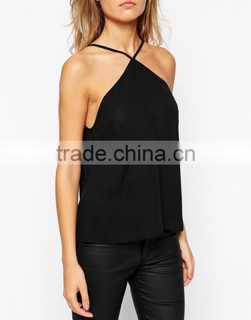 2016 Guangzhou Shandao Factory Sexy Daily Wear Casual Summer Spaghetti Strap Slim Fit Black Cotton Tops Ladies Size XXL