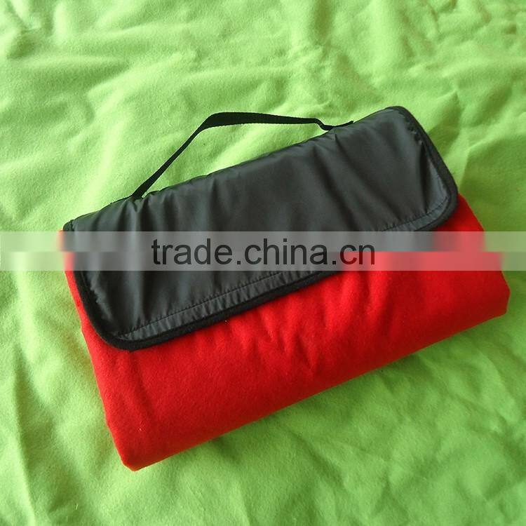 Blue fleece nylon polyester with handle travel waterproof foldable blanket