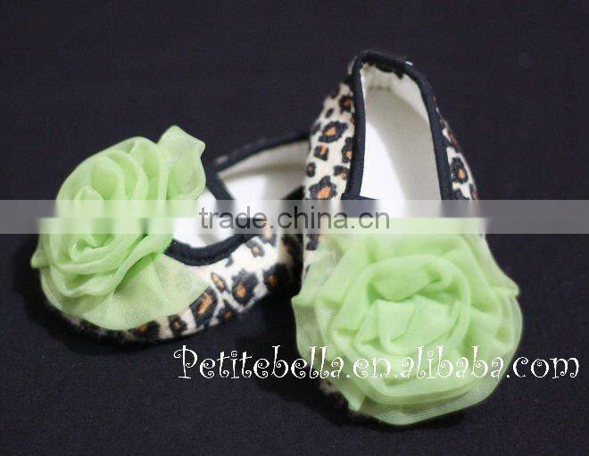 Leopard Print Shoes with Lime Green Rosettes Pettishoes Crib Shoes MAS21