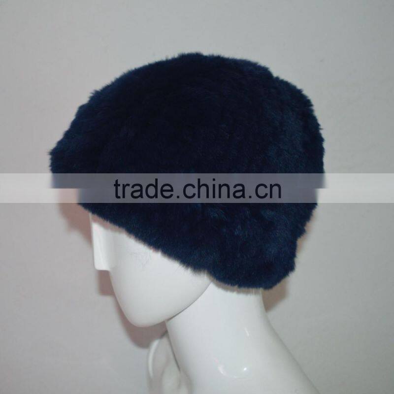 SJ607-02 Dark Blue High Quality Elastic Rex Rabbit Knitting Winter Hats with Fur