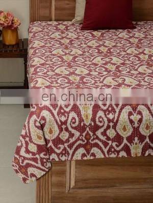 Handmade Ikat Queen Size Cotton Kantha Quilt Throw Bed Cover