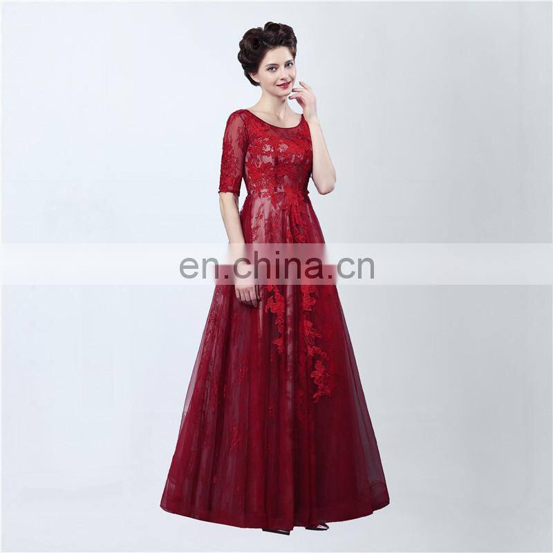 Real Sample Fashion A line Lace-up Scoop Floor-length Lace Appliqued Formal 1/2 Long Sleeve Backless Party Evening Dresses