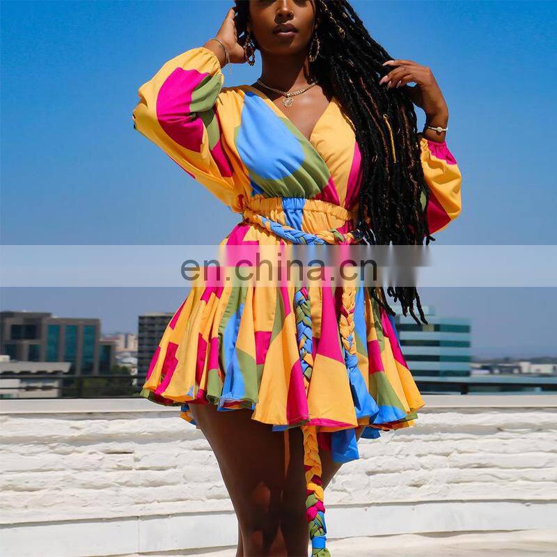 Manufacturer Customized Women's Summer Bohemian Long Skirt Printed V-neck Sexy Woven Oversized Skirt Plus Size Women's Clothing