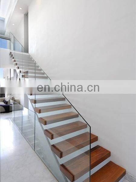 Wood Straight Staircase For Tempered Glass Railing