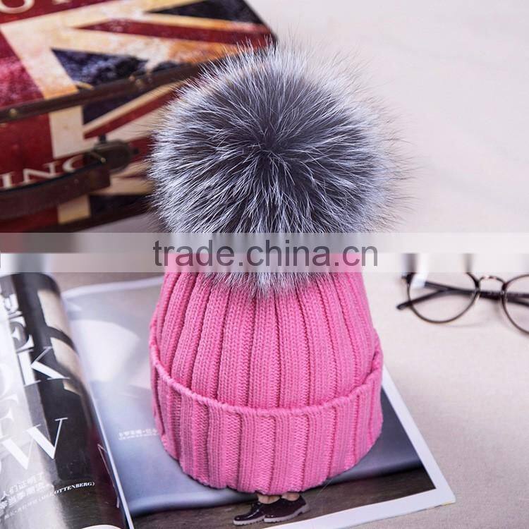 New Arrival Winter Fashion Girl Wool Knit Silver Fox Fur Hats