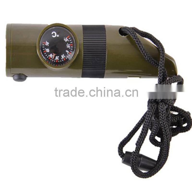 outdoor 7 in 1 multi functional survival emergency training whistle with compass LED light thermometer