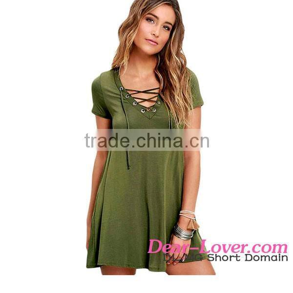 2016 Plunge V Lace-up Neck Floral Embroidered cover up beach dress