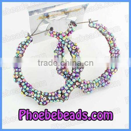 Wholesale Blue Heart Shape Bamboo Hoop Rhinestone Earrings ABE007-2