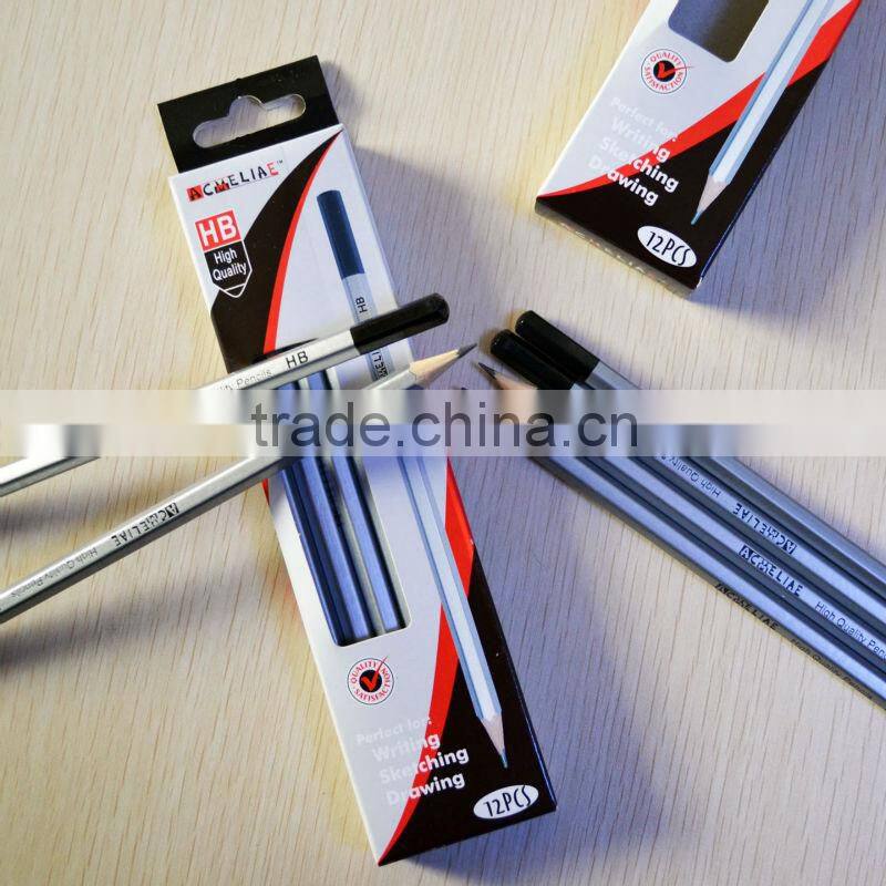 7' standard size hexagonal shape silver body graphite wooden pencil sharpened with dipped end