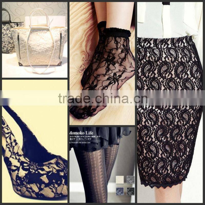 Polyester / Nylon Material and Embroidered Technics lace fabric with double colors