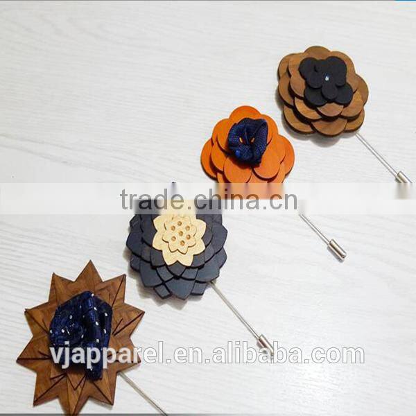 Fashion wholesale wooden antique flower lapel pin for wedding dress