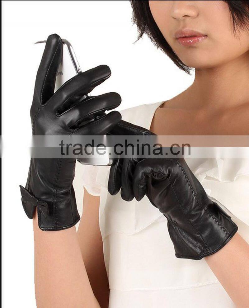 2016 new fashion style ladies leather gloves for bowknot adornment