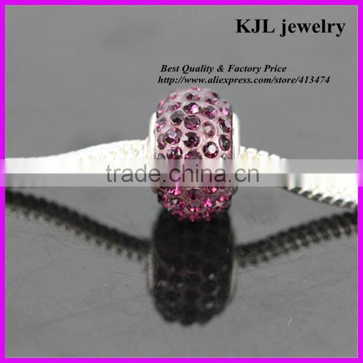 KJL-A0115 wholesale loose bling crystal amethyst paved large hole beads charm silver european beads